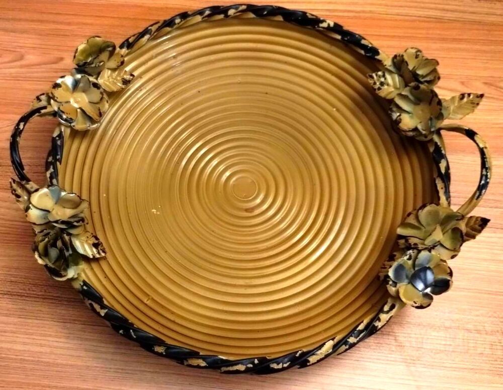 Tin Gold Floral Decor Tray Round Enamel 16"x3"